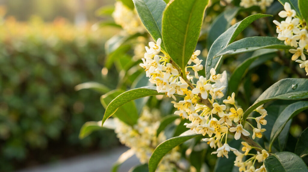 Gros plan sur une branche d'Osmanthus aux petites fleurs blanches et jaunes et au feuillage vert luisant.