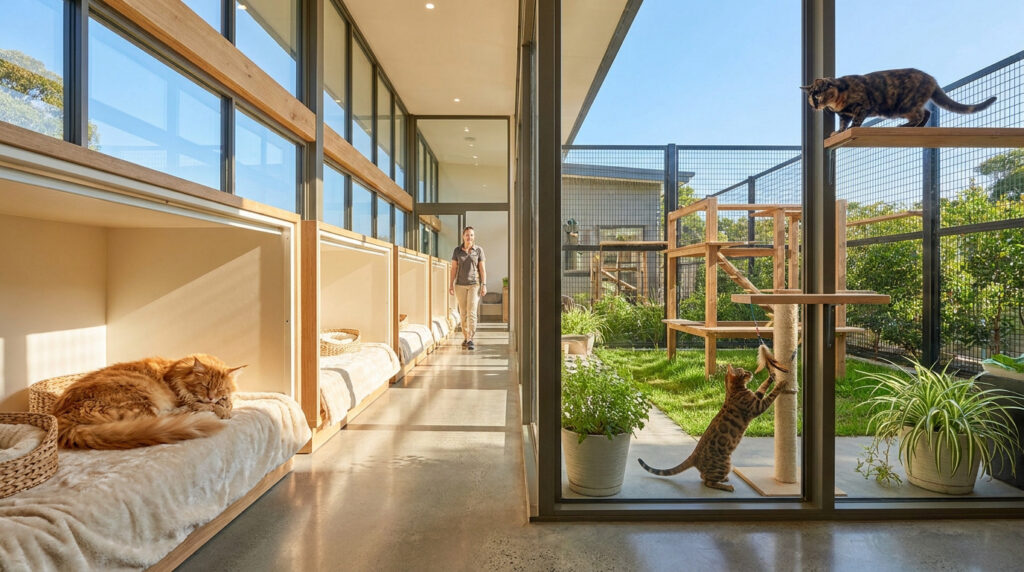 Comment choisir la meilleure pension pour chat à Cholet ? Une pension pour chats moderne et lumineuse avec des espaces de repos individuels et une aire de jeux extérieure grillagée.