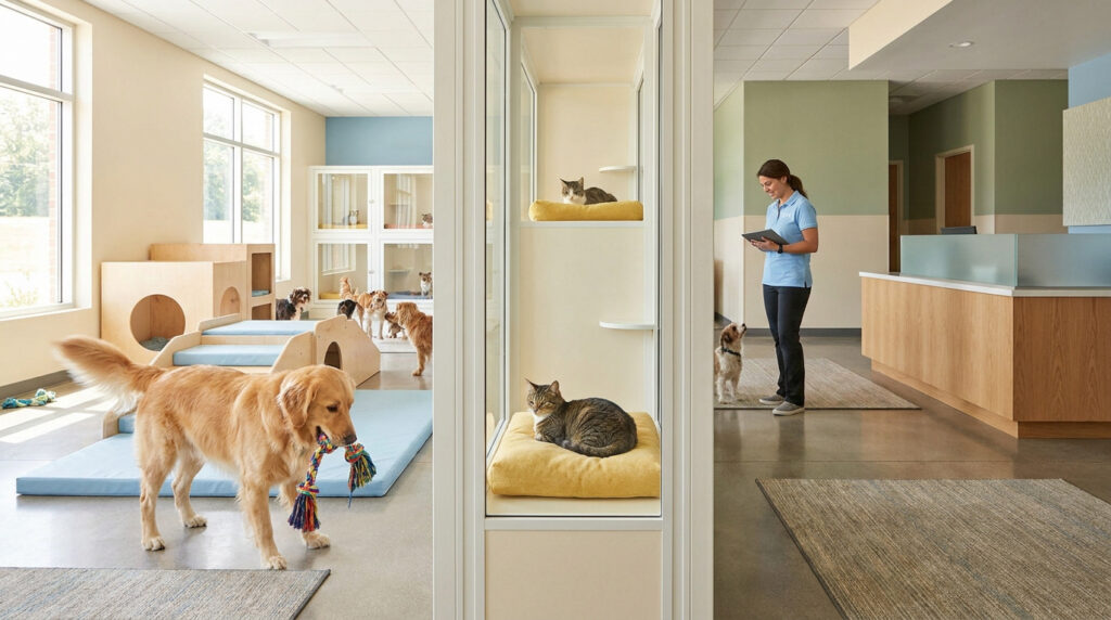 Pension pour animaux : conseils pour un séjour réussi Une employée avec une tablette dans une pension pour animaux moderne avec des chiens jouant et des chats dans des niches.