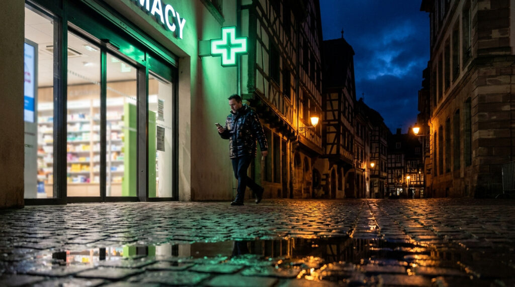 Un homme consulte son smartphone devant une pharmacie éclairée dans une rue pavée typique de Strasbourg.