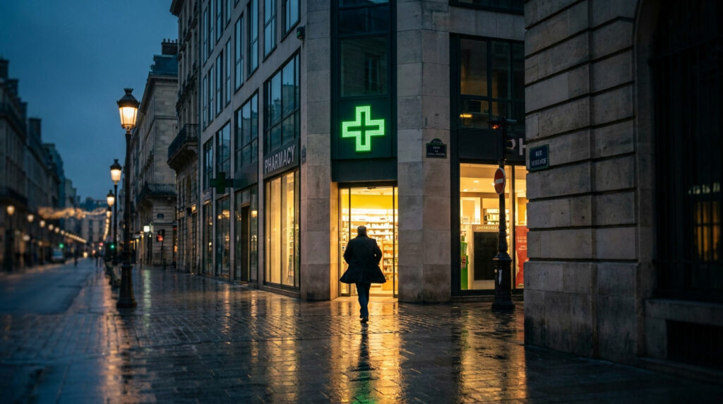 Pharmacie de garde à Chambéry : le guide pour vos urgences Une personne entre dans une pharmacie avec une croix verte lumineuse dans une rue urbaine sombre et pluvieuse.