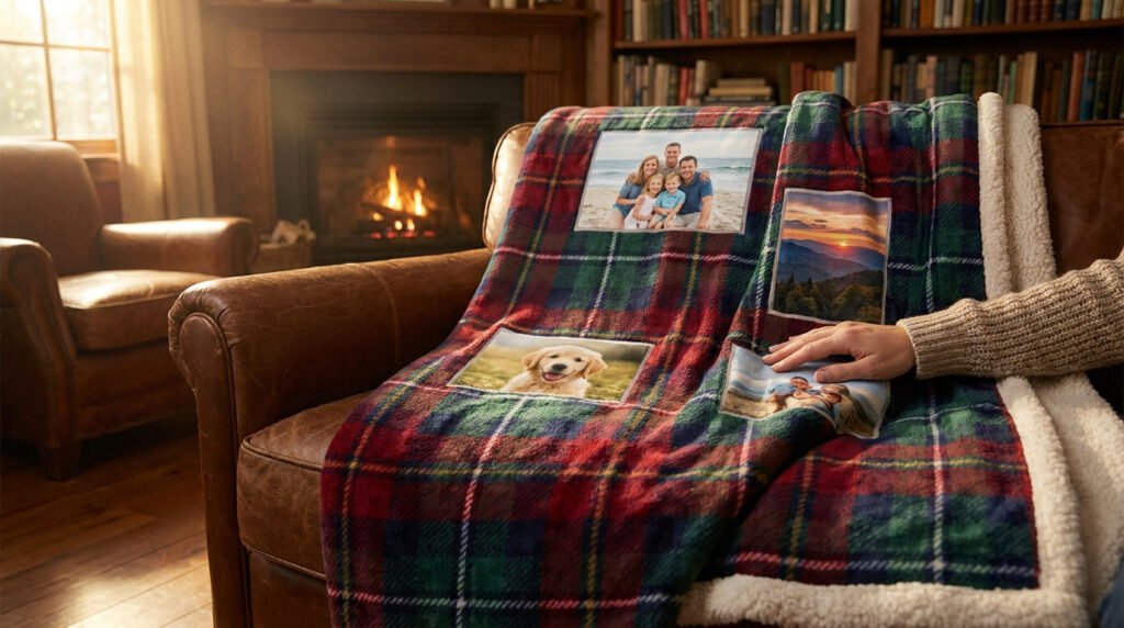Main touchant un plaid à carreaux personnalisé avec des photos de famille et d'un chien près d'une cheminée.
