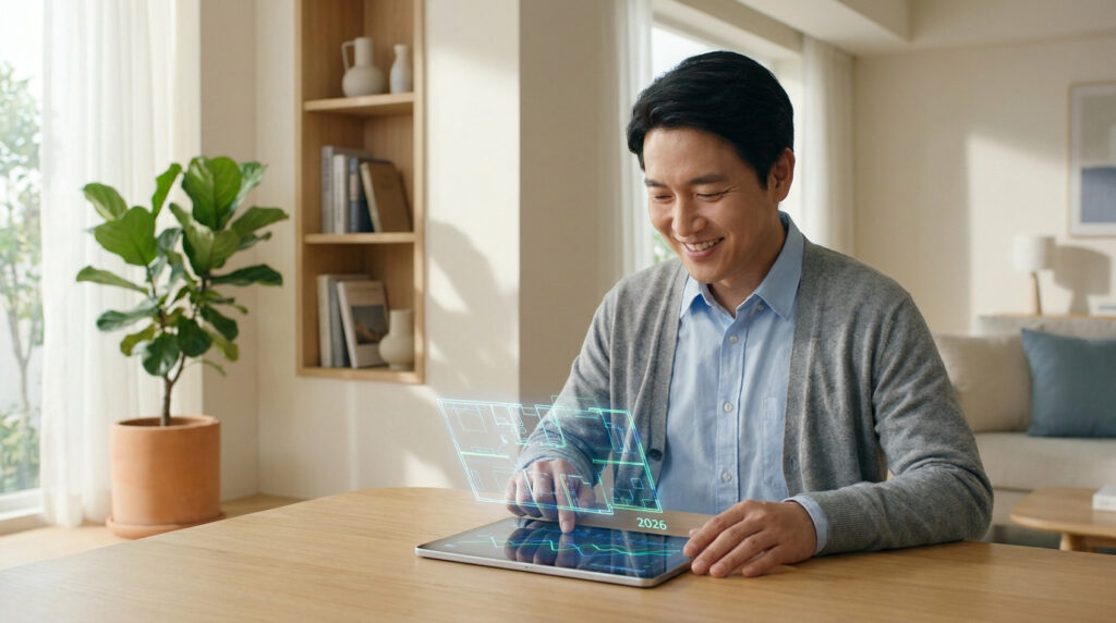 Tout savoir sur aidologement.com et vos aides en 2026 Un homme souriant consulte un plan 3D interactif de logement sur une tablette dans un intérieur moderne.