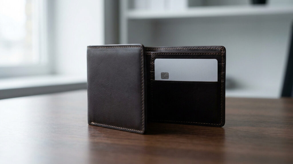 Portefeuille homme : bien choisir son cuir et sa sécurité RFID Portefeuille en cuir marron ouvert sur une table avec une carte de crédit insérée.