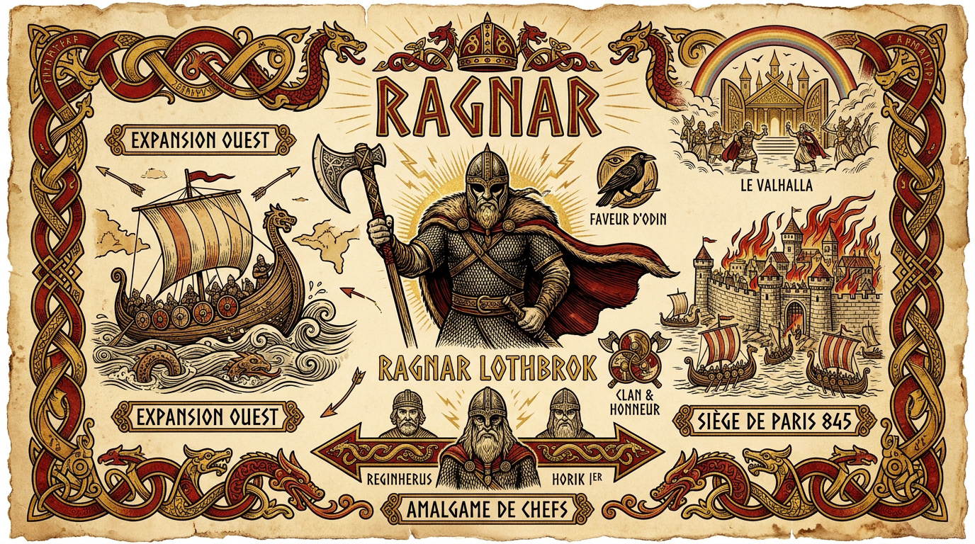 Illustration de Ragnar Lothbrok, guerrier viking légendaire devant un drakkar