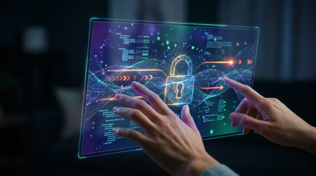 Mains interagissant avec une interface numérique holographique affichant un cadenas de sécurité et du code informatique.