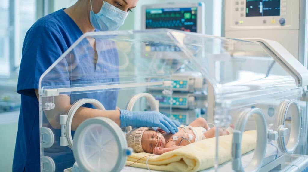 Une infirmière en tenue médicale surveille un prématuré dans une couveuse hospitalière.