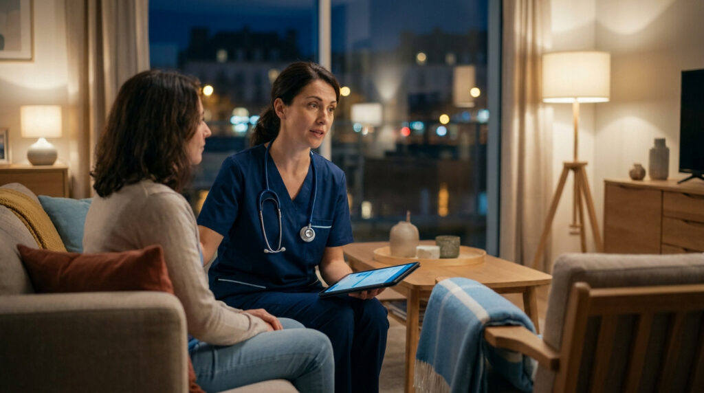 Une femme médecin en tenue bleue avec un stéthoscope consulte une patiente assise sur un canapé dans un salon le soir.