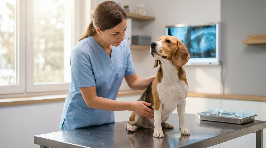 Votre clinique vétérinaire à Châteaubourg : expertise et douceur Une vétérinaire examine avec douceur un chien beagle assis sur une table d'examen en clinique.