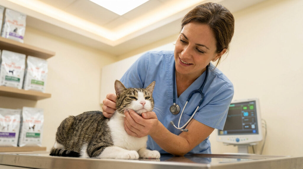 Vétérinaire pour chat à Angers : soins, santé et urgences Une vétérinaire en blouse bleue examine doucement un chat tigré sur une table d'examen dans une clinique.