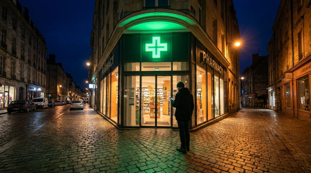 Pharmacie de garde à Saint-Étienne : trouver une officine Un homme devant une pharmacie de nuit avec une enseigne lumineuse verte à Saint-Étienne.