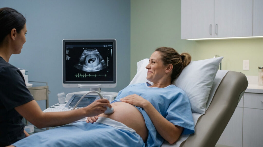 Tout savoir sur l’échographie de datation de grossesse Une femme enceinte souriante lors d'une échographie de datation réalisée par une professionnelle de santé.