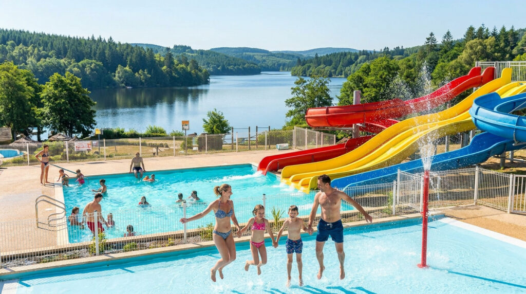 Famille sautant dans une piscine en extérieur avec des toboggans colorés et un lac en arrière-plan.