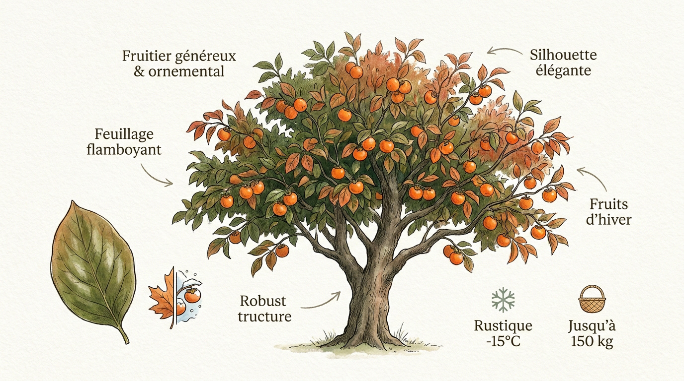 Illustration pédagogique d'un plaqueminier chargé de kakis en hiver