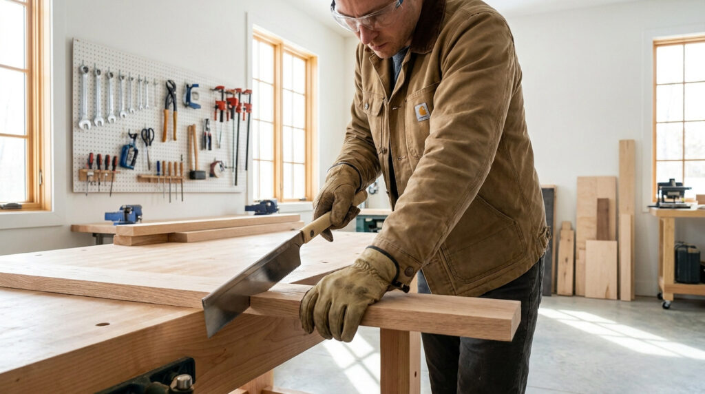 Un menuisier portant des gants de protection coupe une planche en bois avec une scie à main dans un atelier lumineux.