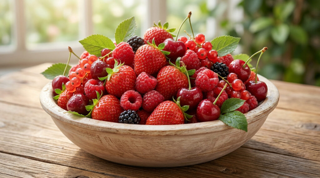 Tout savoir sur le fruit rouge : variétés, santé et culture Un bol en bois rempli d'un mélange de fraises, framboises, cerises et groseilles posé sur une table en bois.