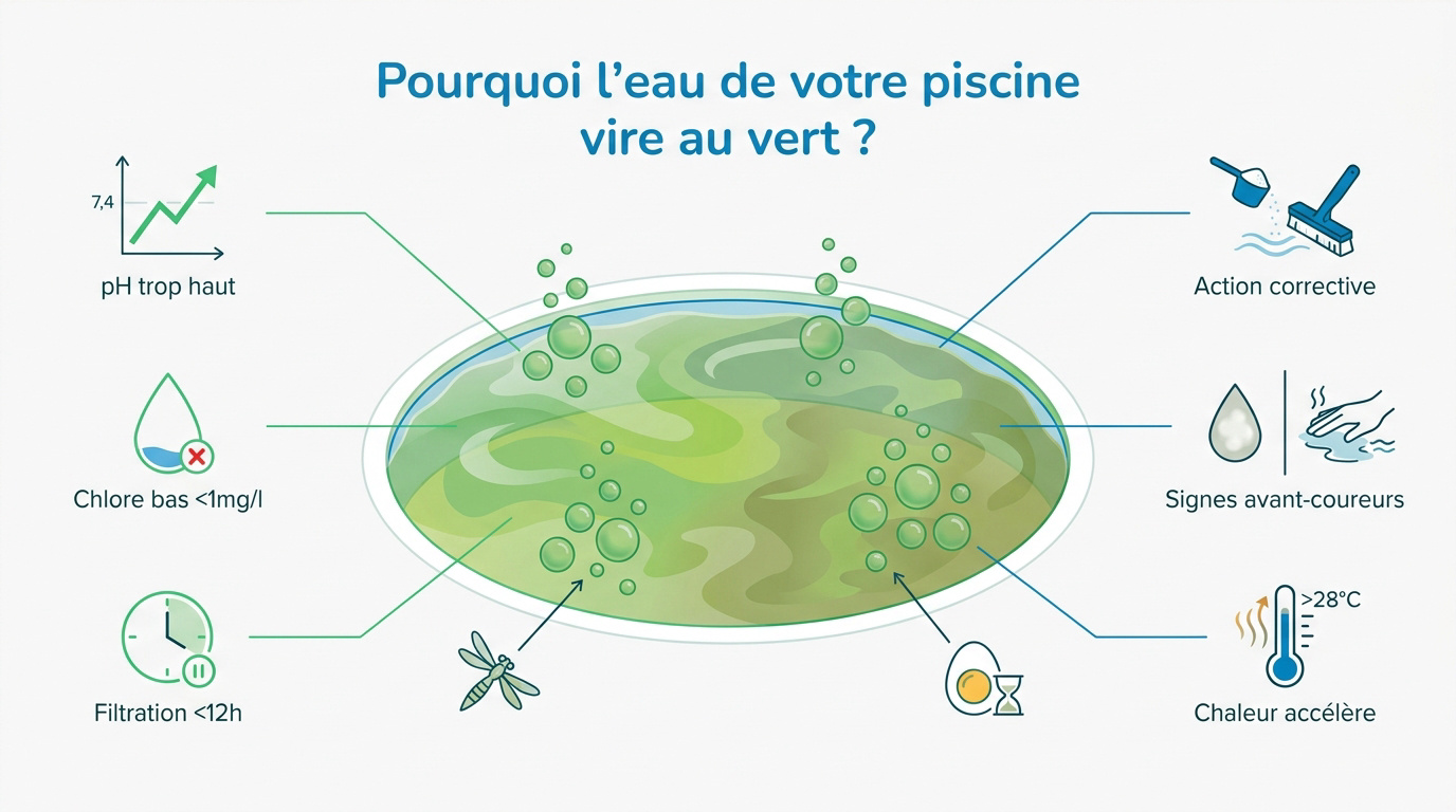 Schéma expliquant les causes du verdissement de l'eau de piscine comme le pH et le manque de chlore