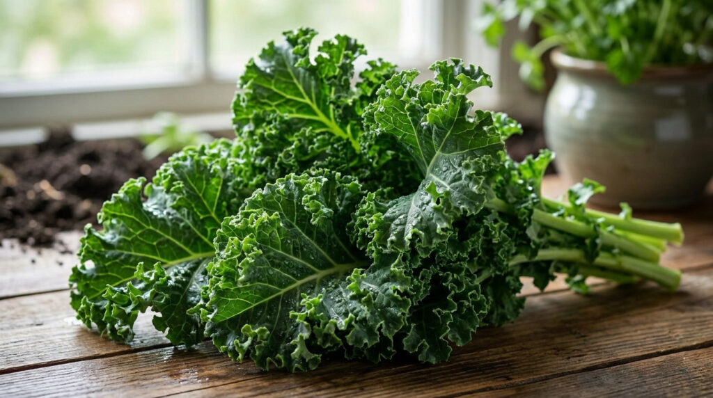 Un bouquet de feuilles de chou frisé vert et frisé posé sur une table en bois près d'une fenêtre.