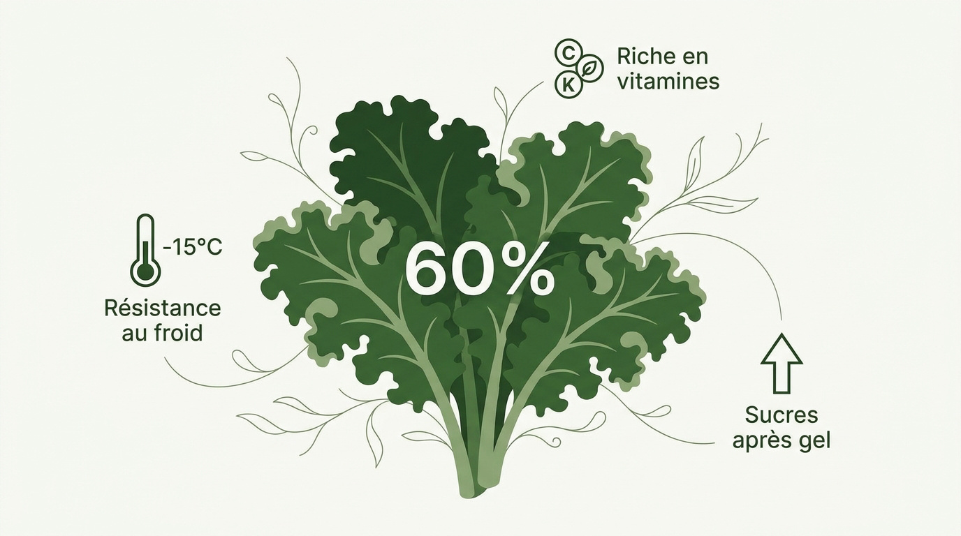 Chou frisé kale dans un potager sous le givre hivernal