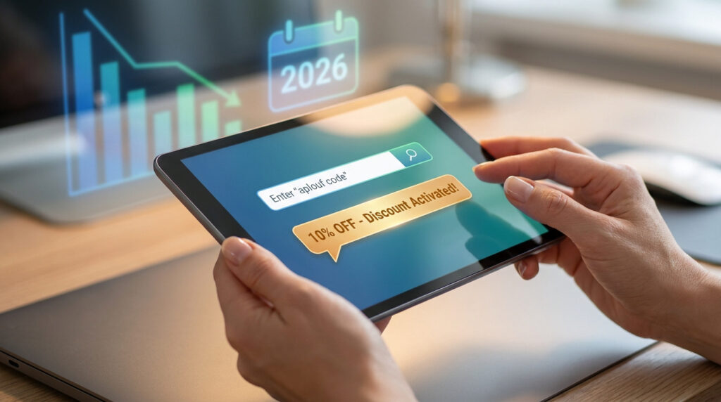 Comment activer votre aplouf code pour réduire vos factures Mains tenant une tablette affichant l'activation d'une réduction de 10% avec un champ de recherche pour code promotionnel.