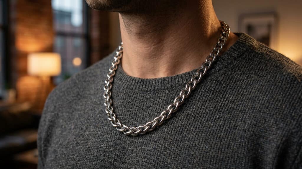 Choisir le collier homme idéal pour affirmer votre style Un homme portant une épaisse chaîne en argent autour du cou, vêtue d'un pull gris texturé dans un intérieur chaleureux.
