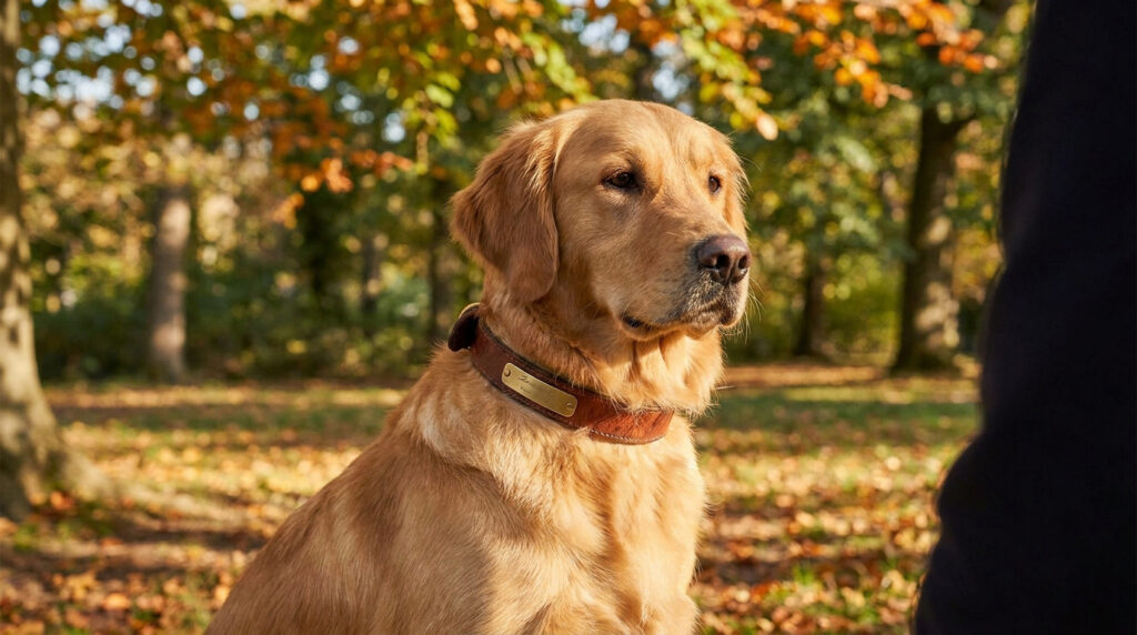 Protégez votre animal avec un collier personnalisé chien Un golden retriever portant un collier en cuir personnalisé avec une plaque gravée, dans un parc en automne.