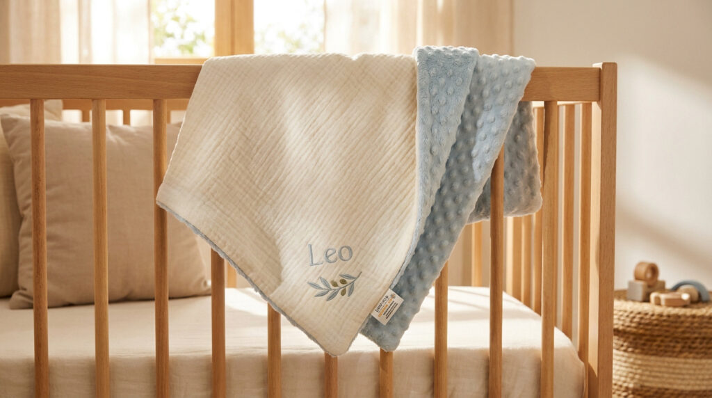 Couverture bébé personnalisée avec le prénom Leo brodé, suspendue sur le bord d'un lit en bois dans une chambre lumineuse.