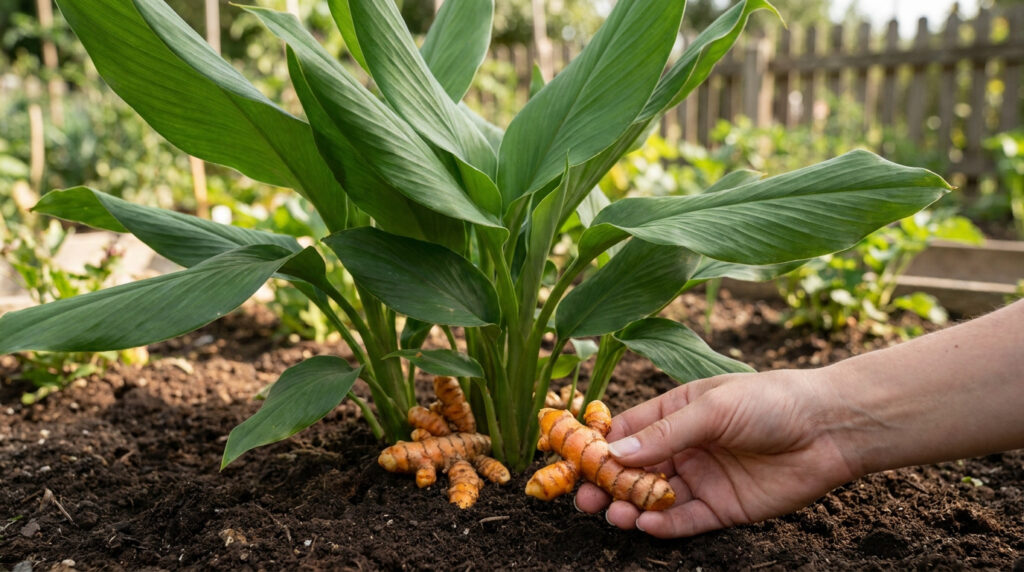Une main récolte une racine de curcuma fraîche au pied d'une plante vigoureuse dans un potager.