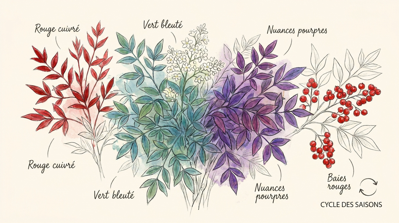 Cycle saisonnier du Nandina domestica avec feuillage coloré et baies rouges