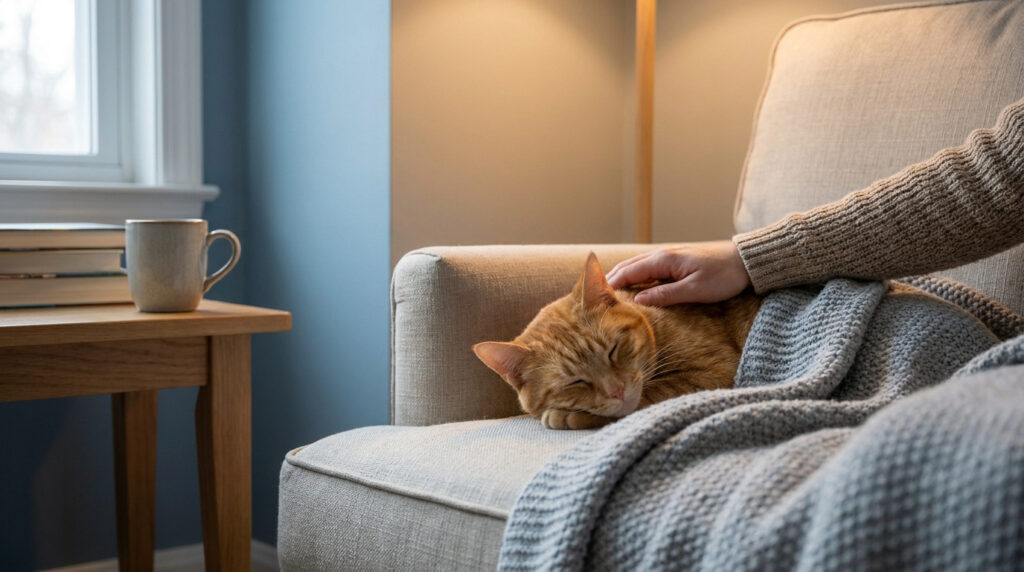 Chat mort prix vétérinaire : le coût d’une fin de vie digne Une personne caresse doucement un chat roux endormi sur un fauteuil confortable sous un plaid gris.
