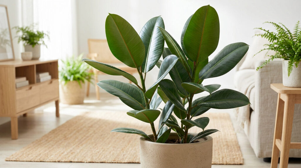 Ficus elastica : comment bien entretenir votre caoutchouc Un Ficus elastica aux feuilles vert foncé dans un pot en terre cuite au centre d'un salon lumineux au style scandinave.