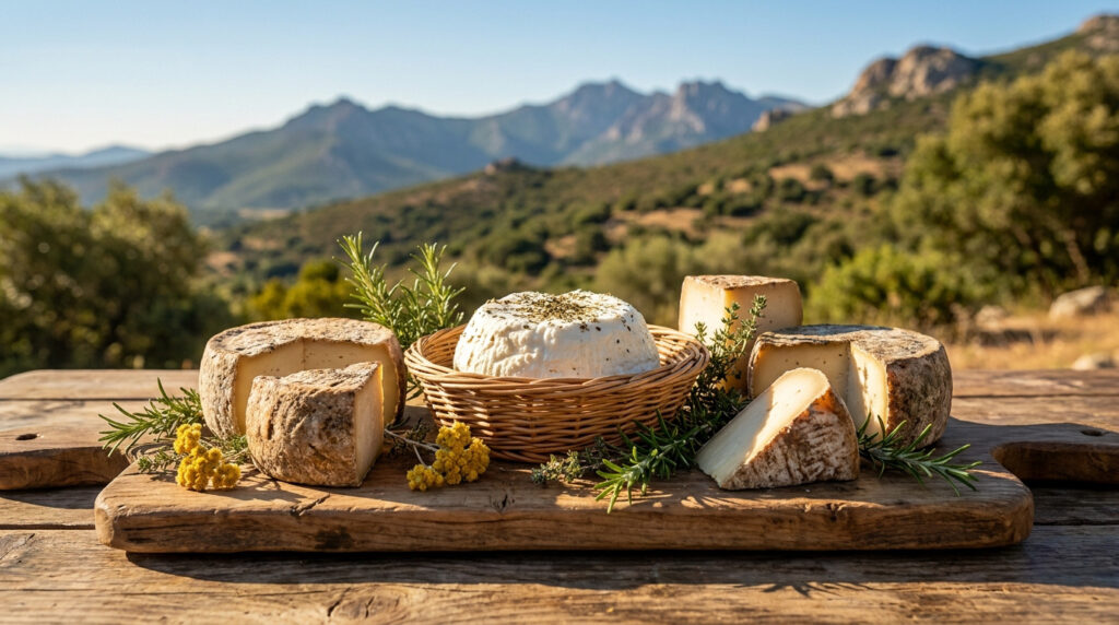Plusieurs variétés de fromages corses disposées sur une planche en bois devant un paysage montagneux ensoleillé.