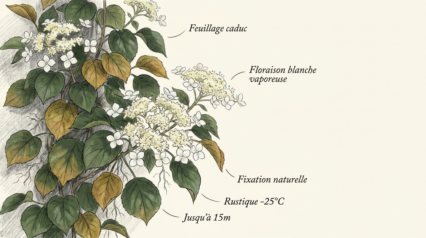 Illustration botanique de l'hortensia grimpant Hydrangea petiolaris en fleurs