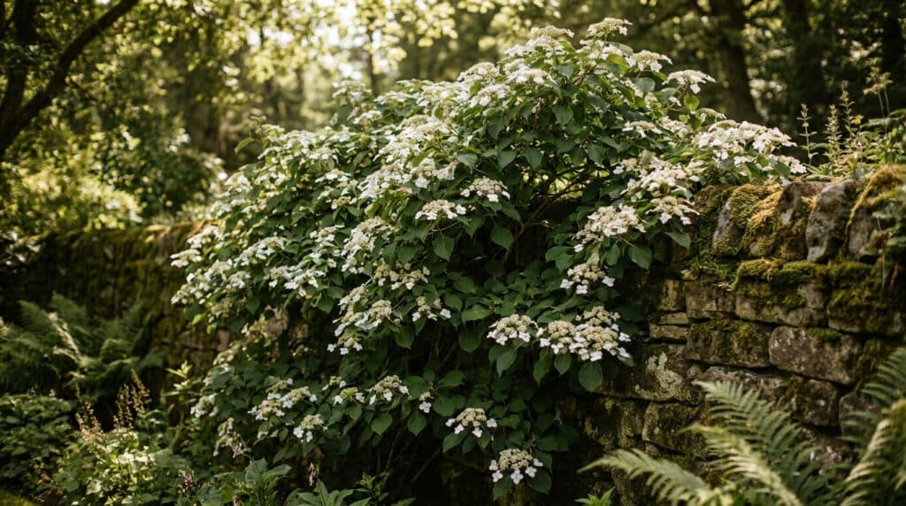Hortensia grimpant aux fleurs blanches recouvrant un vieux mur de pierre moussue dans un jardin sous le soleil.