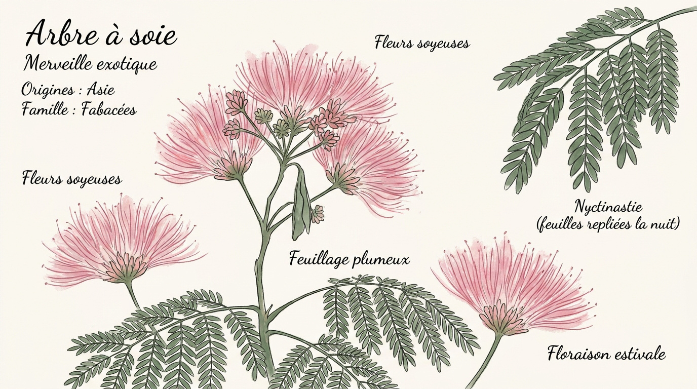 Floraison rose vaporeuse d'un arbre à soie en plein été
