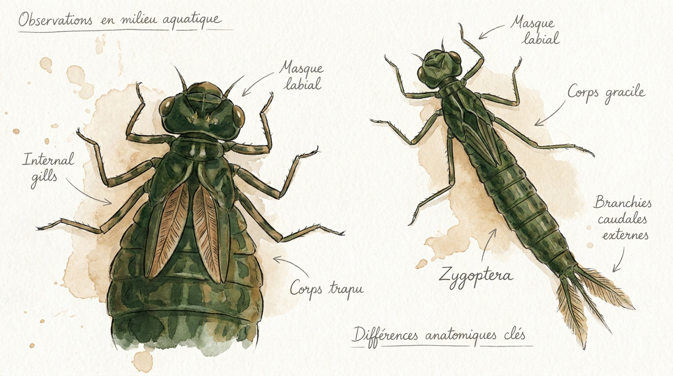 Illustration naturaliste montrant les différences morphologiques entre les larves de zygoptères et d'anisoptères