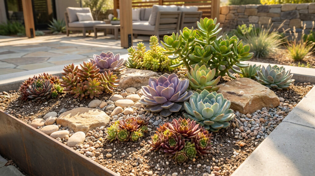 Plante grasse extérieur : réussir son jardin sec et design Un bac surélevé moderne contenant diverses variétés de plantes grasses, succulentes et roches décoratives sur une terrasse.