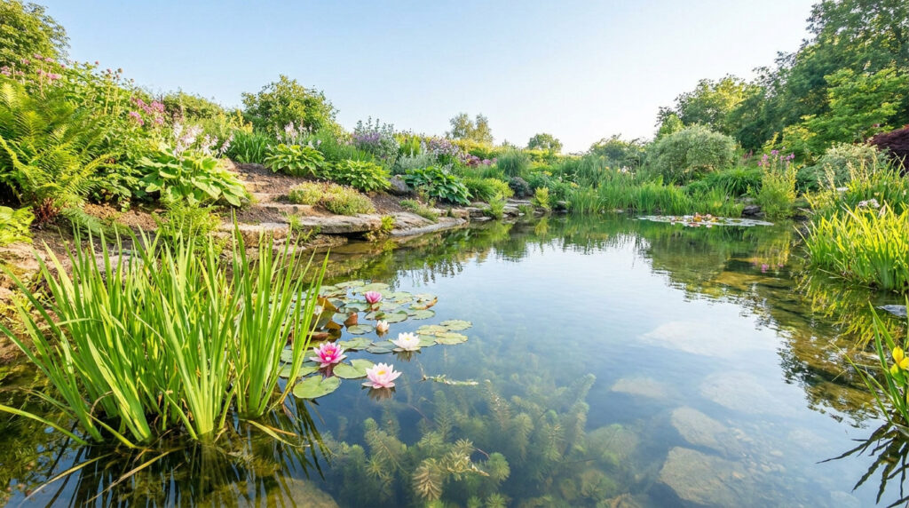 Réussir l’installation de votre plante aquatique en 2026 Bassin de jardin luxuriant avec des nénuphars et une végétation dense sous un ciel ensoleillé.
