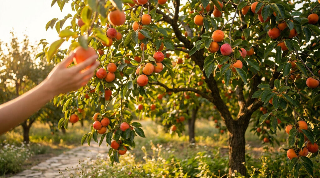 Une main cueillant un kaki mûr sur un arbre chargé de fruits dans un verger ensoleillé.