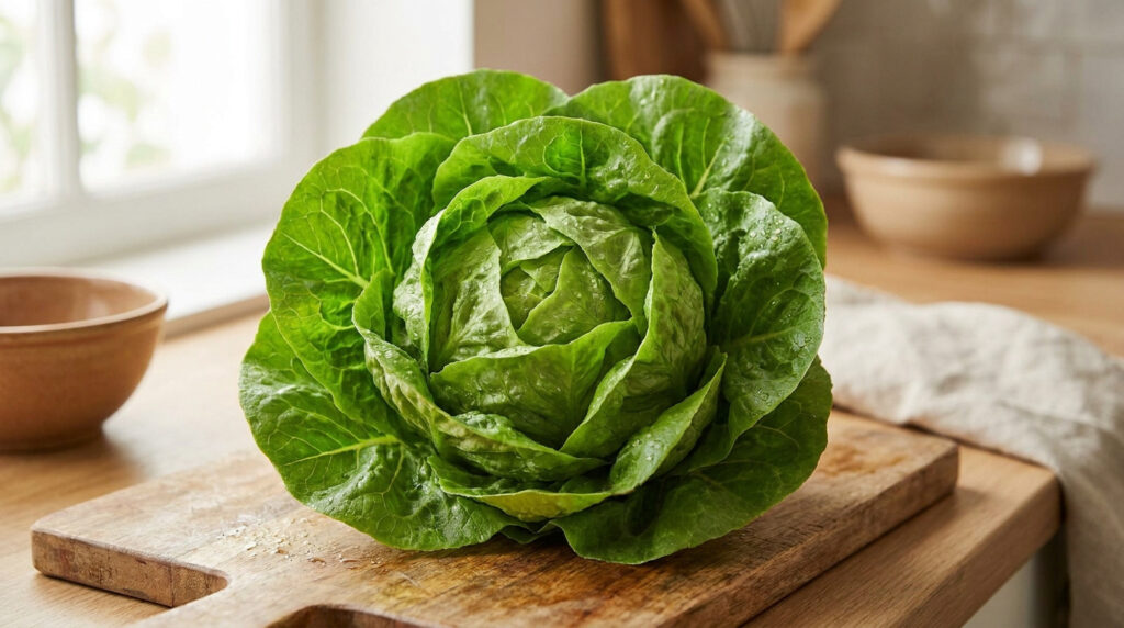 Salade sucrine : secrets de culture et astuces en cuisine Une salade sucrine verte et croquante posée sur une planche à découper en bois dans une cuisine lumineuse.