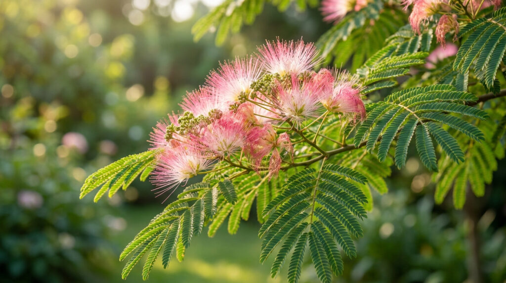 Fleurs roses vaporeuses d'un Albizia julibrissin avec feuillage découpé sur un fond de jardin ensoleillé et flou.