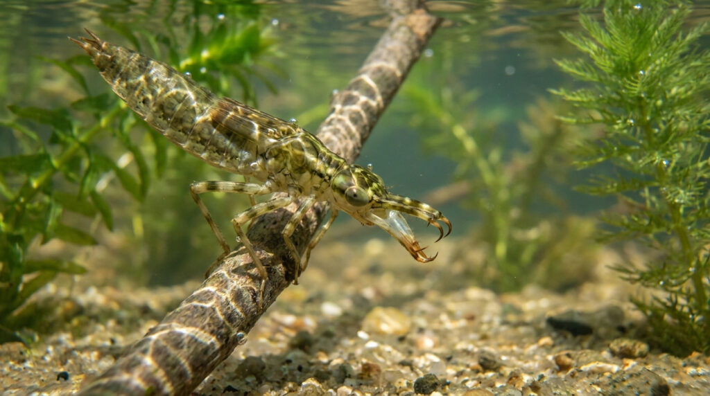 Tout savoir sur la larve de libellule : vie et chasse Gros plan d'une larve de libellule avec ses mâchoires ouvertes, agrippée à une branche sous l'eau.