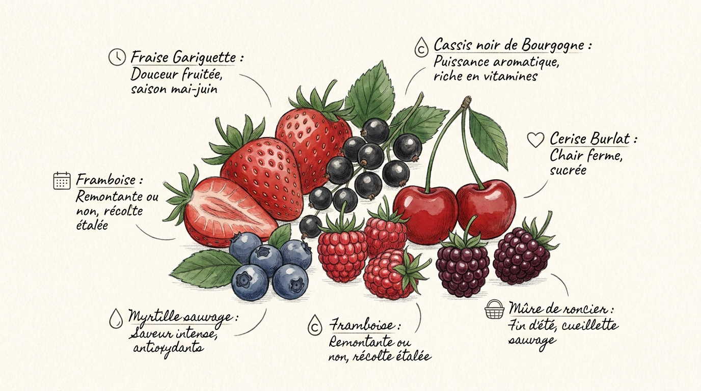Panier de fraises et framboises fraîchement cueillies dans un jardin