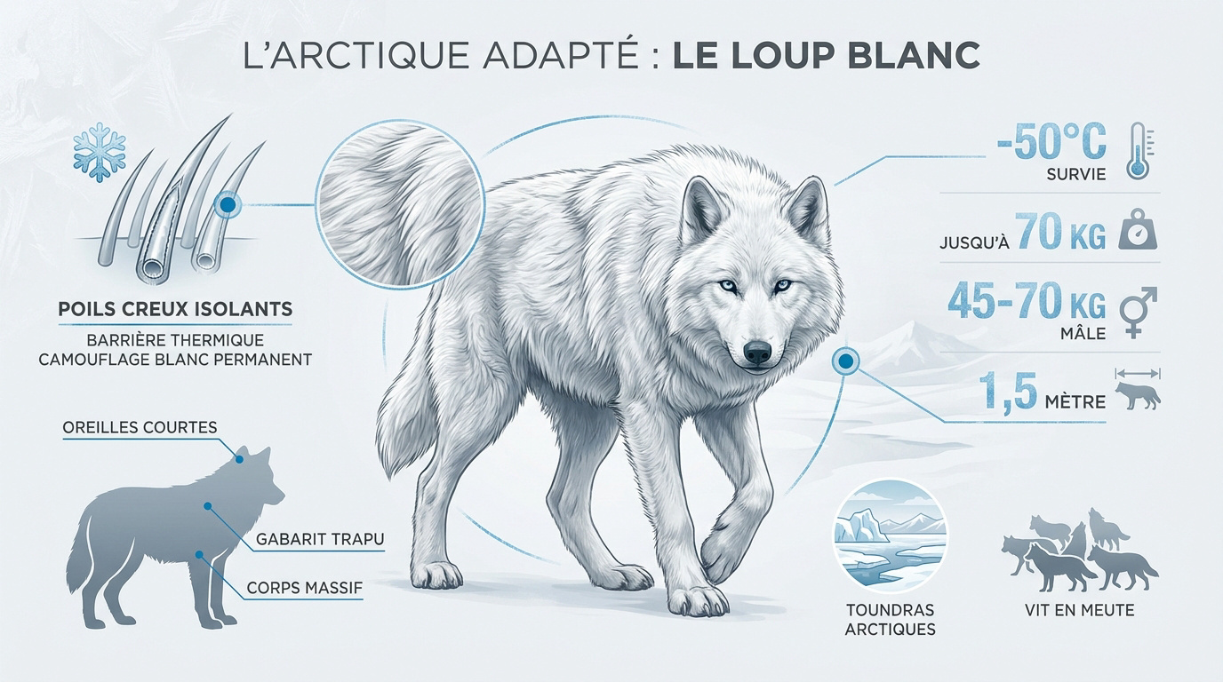 Loup arctique blanc dans la neige illustrant ses adaptations morphologiques au froid