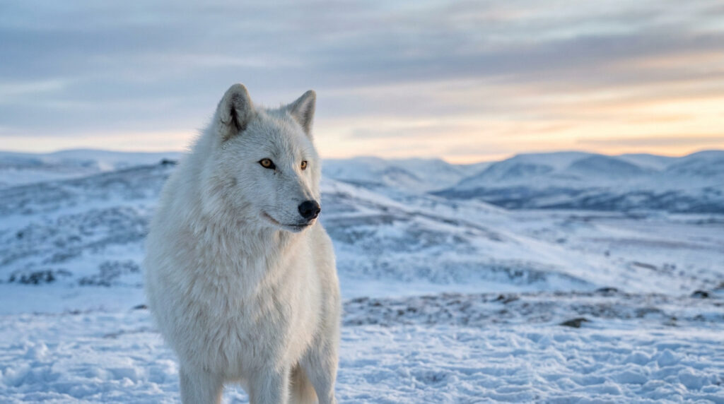 Loup blanc : les secrets du prédateur polaire Un loup blanc arctique majestueux se tient dans un paysage enneigé et montagneux sous une lumière douce au crépuscule.