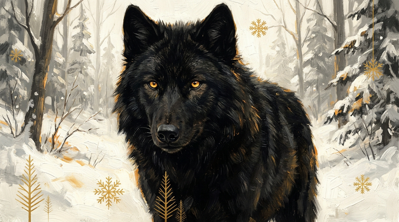 Loup noir majestueux au pelage sombre dans une forêt enneigée en hiver