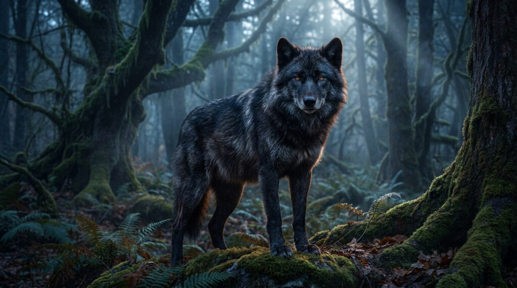 Un loup noir majestueux aux yeux ambrés se tient debout dans une forêt ancienne recouverte de mousse.