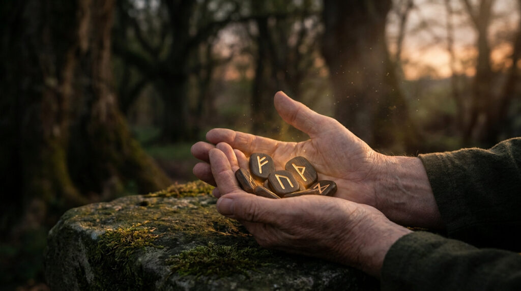 Runes signification : le guide complet du Futhark ancien Mains tenant des runes en bois gravées lumineuses dans une forêt au crépuscule.