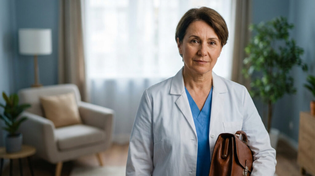 Portrait d'une femme médecin en blouse blanche tenant une sacoche médicale dans un salon lumineux.
