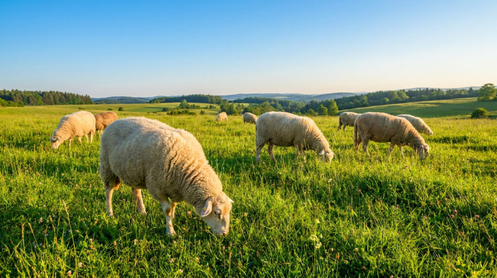Quel prix pour une location de mouton pour tondre en 2026 ? Troupeau de moutons broutant paisiblement dans un vaste champ vert sous un ciel bleu dégagé.